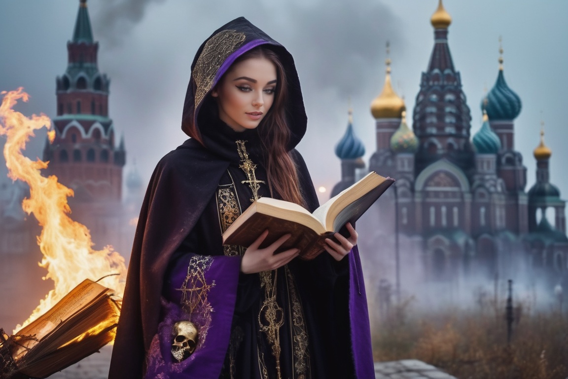 realistic breathtaking epic portrait of touching by her necromancy magic book with intricate decoration,  wearing black-vi...