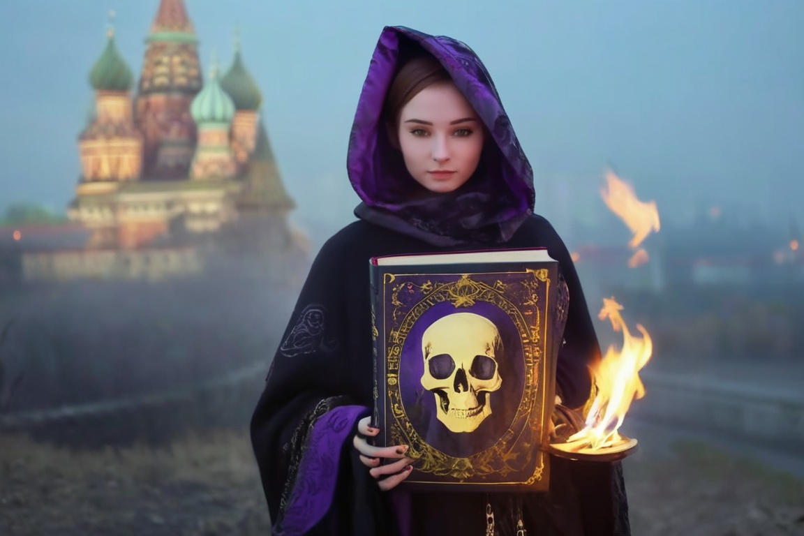 realistic breathtaking epic portrait of touching by her necromancy magic book with intricate decoration,  wearing black-vi...