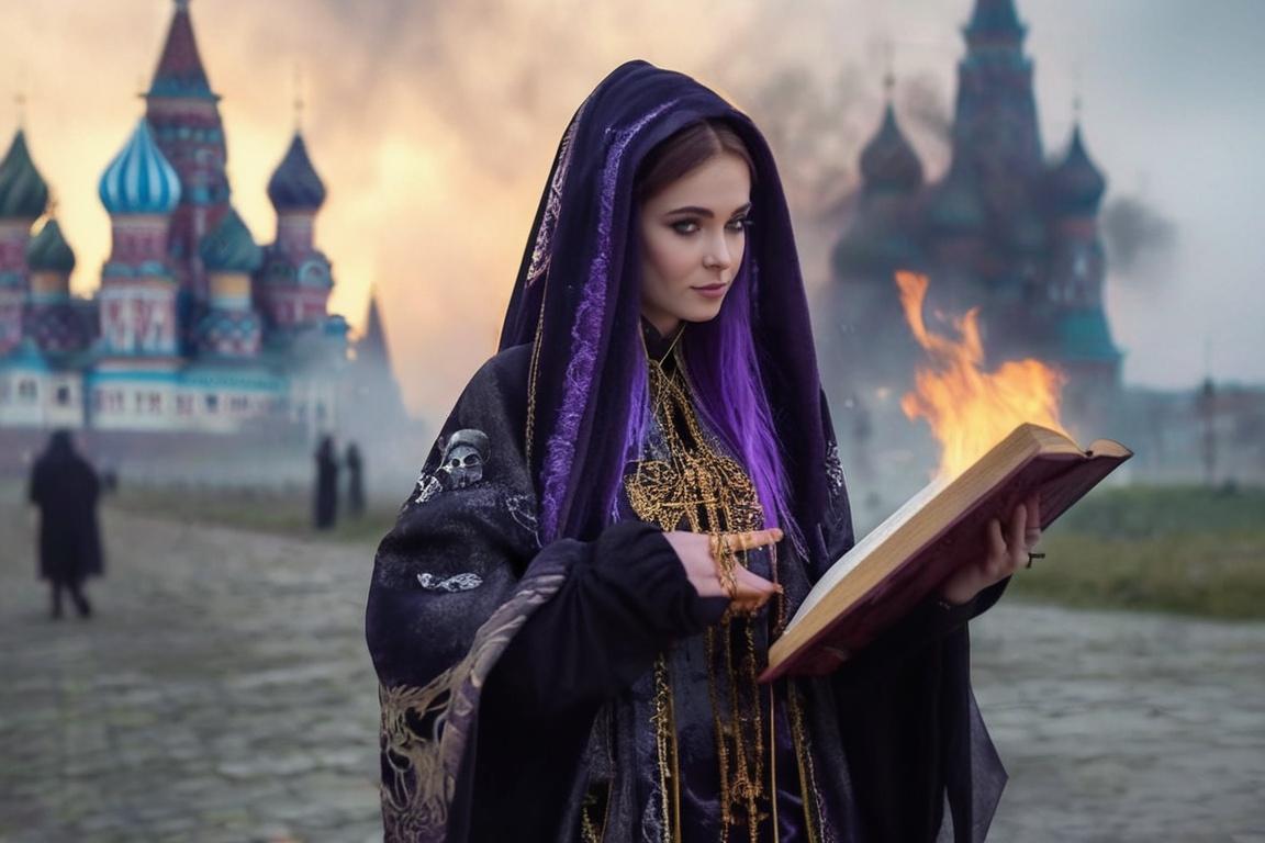 realistic breathtaking epic portrait of touching by her necromancy magic book with intricate decoration,  wearing black-vi...