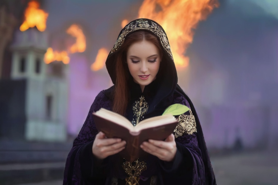 realistic breathtaking epic portrait of touching by her necromancy magic book with intricate decoration,  wearing black-vi...