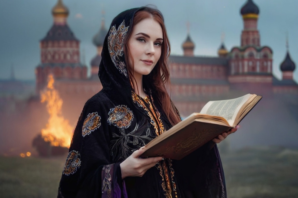realistic breathtaking epic portrait of touching by her necromancy magic book with intricate decoration,  wearing black-vi...