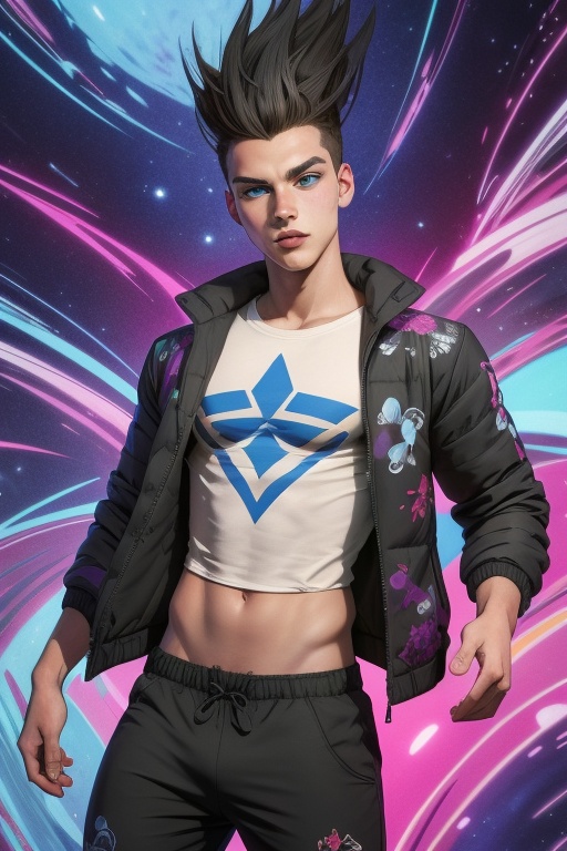 David Haller is a 17-year-old handsome young man. He has long black spiked hair and blue eyes. slim body. wearing a thigh-...