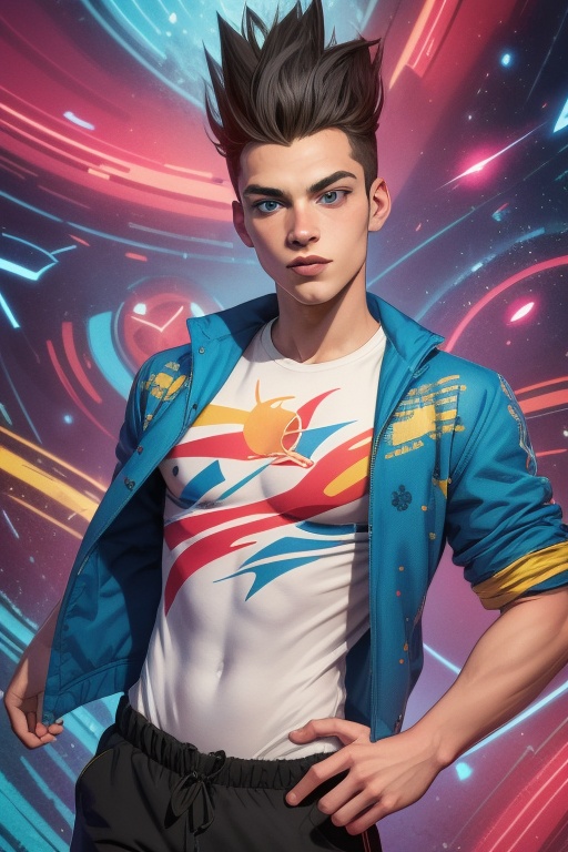 David Haller is a 17-year-old handsome young man. He has long black spiked hair and blue eyes. slim body. wearing a thigh-...