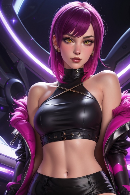 Evelynn is a beautiful young woman,  21 years old. She has a short purple hair,  yellow eyes. red sunglass. wearing a jack...