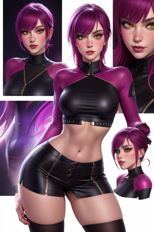 Evelynn is a beautiful young woman,  21 years old. She has a short purple hair,  yellow eyes. red sunglass. wearing a jack...