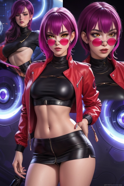 Evelynn is a beautiful young woman,  21 years old. She has a short purple hair,  yellow eyes. red sunglass. wearing a jack...