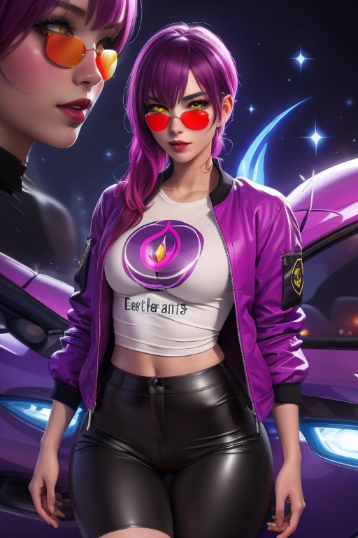 Evelynn is a beautiful young woman,  21 years old. She has a short purple hair,  yellow eyes. red sunglass. wearing a jack...