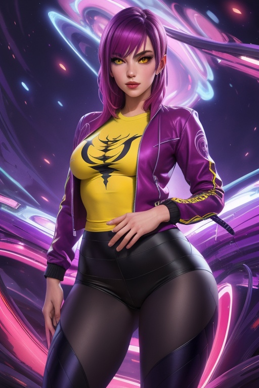 Evelynn is a beautiful young woman,  21 years old. She has a short purple hair,  yellow eyes. red sunglass. wearing a jack...