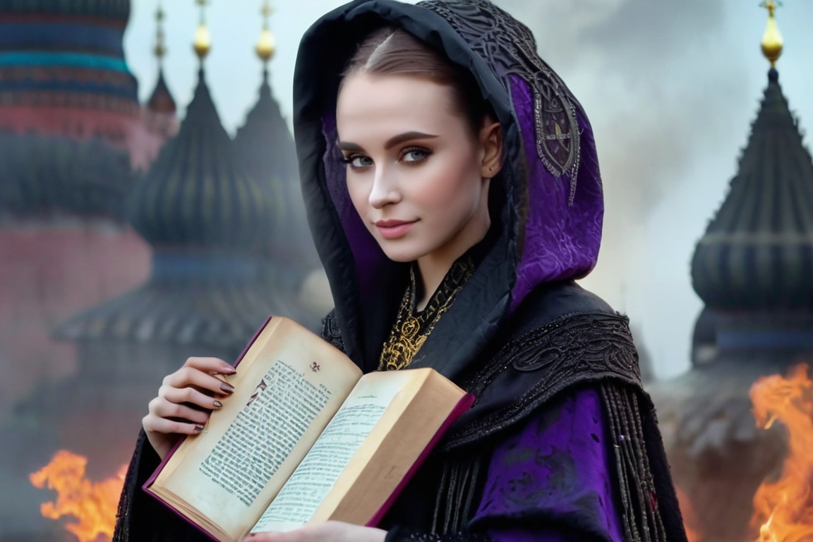 realistic breathtaking epic portrait of touching by her necromancy magic book with intricate decoration,  wearing black-vi...