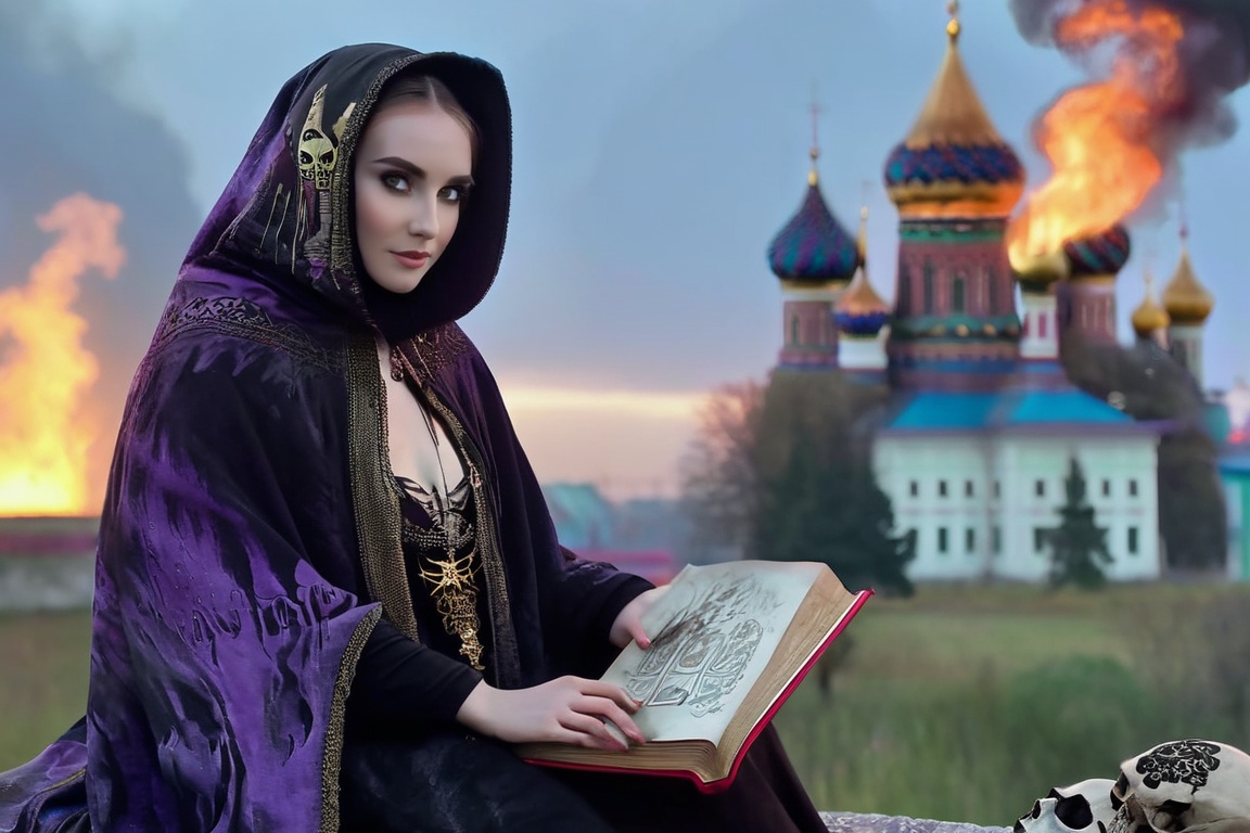 realistic breathtaking epic portrait of touching by her necromancy magic book with intricate decoration,  wearing black-vi...