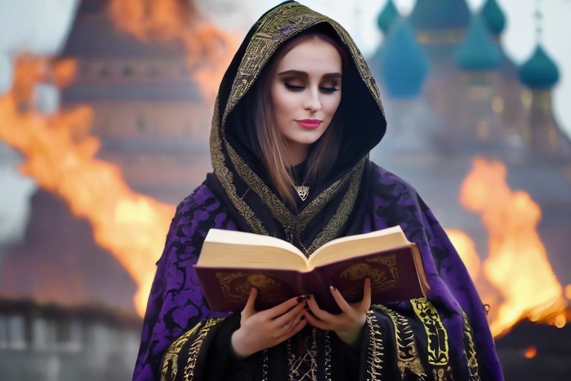 realistic breathtaking epic portrait of touching by her necromancy magic book with intricate decoration,  wearing black-vi...