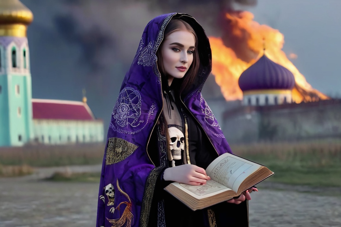 realistic breathtaking epic portrait of touching by her necromancy magic book with intricate decoration,  wearing black-vi...