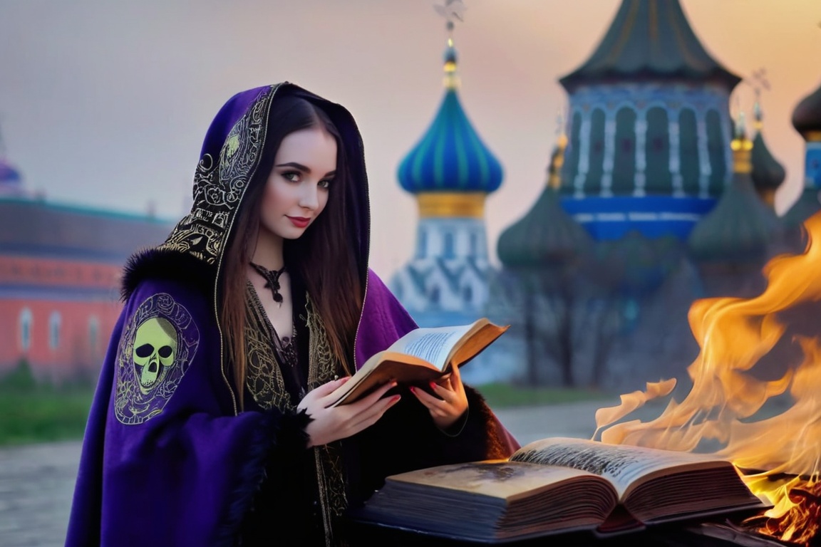 realistic breathtaking epic portrait of touching by her necromancy magic book with intricate decoration,  wearing black-vi...