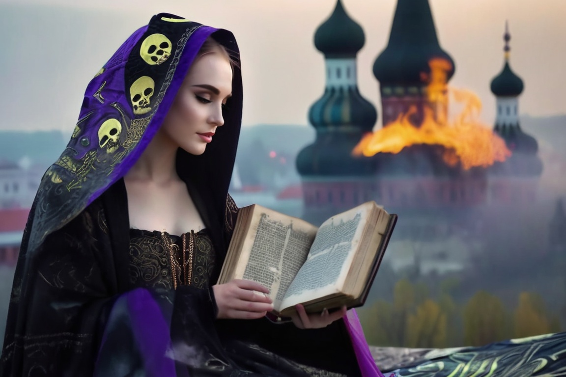 realistic breathtaking epic portrait of touching by her necromancy magic book with intricate decoration,  wearing black-vi...