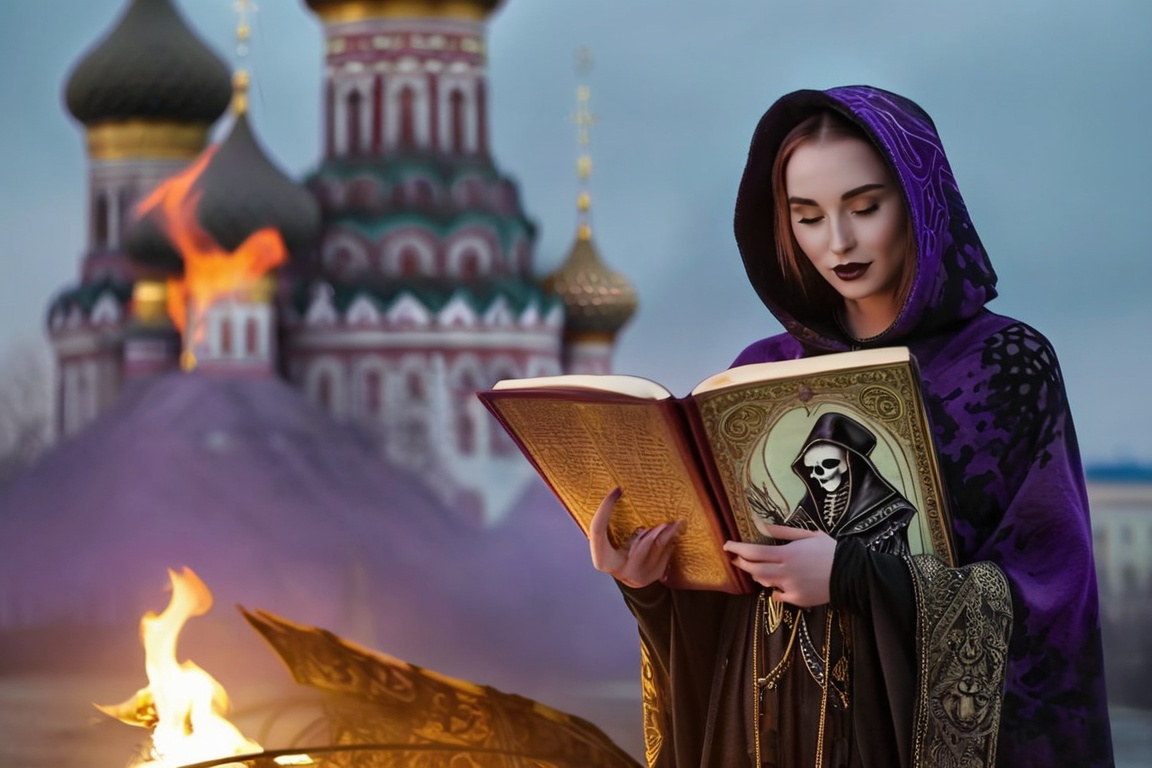 realistic breathtaking epic portrait of touching by her necromancy magic book with intricate decoration,  wearing black-vi...