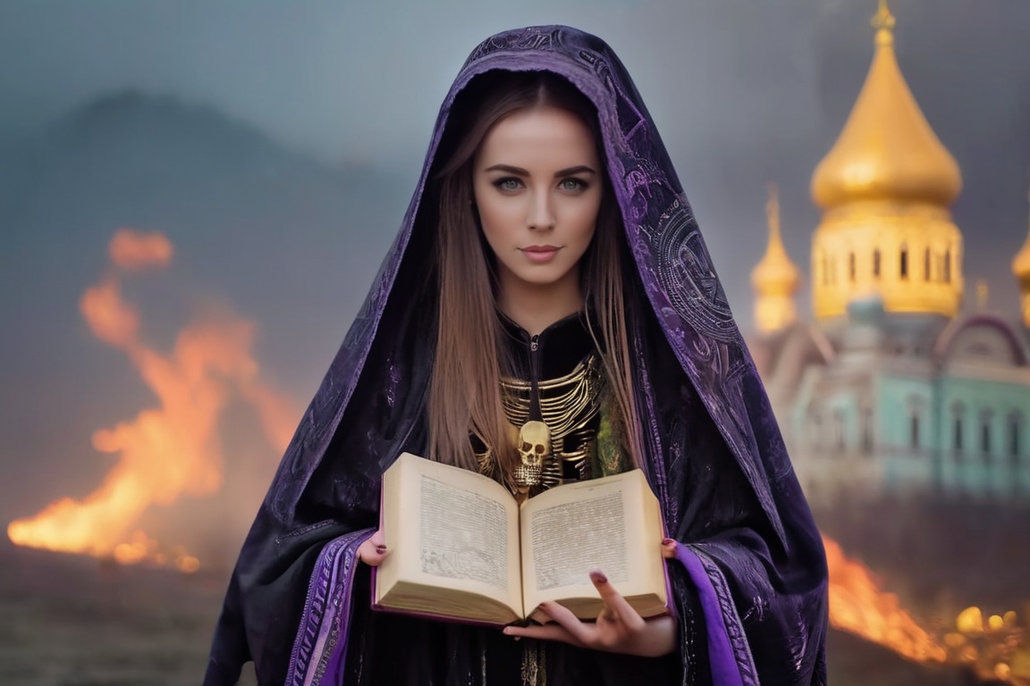 realistic breathtaking epic portrait of touching by her necromancy magic book with intricate decoration,  wearing black-vi...