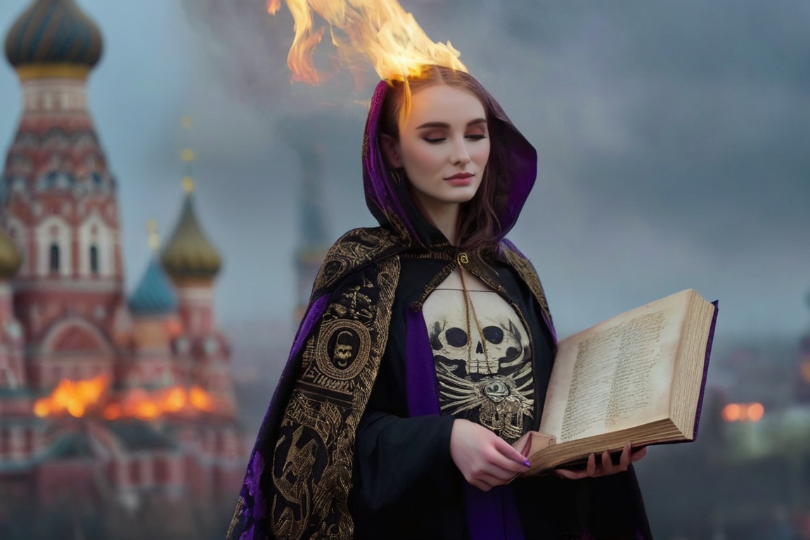 realistic breathtaking epic portrait of touching by her necromancy magic book with intricate decoration,  wearing black-vi...