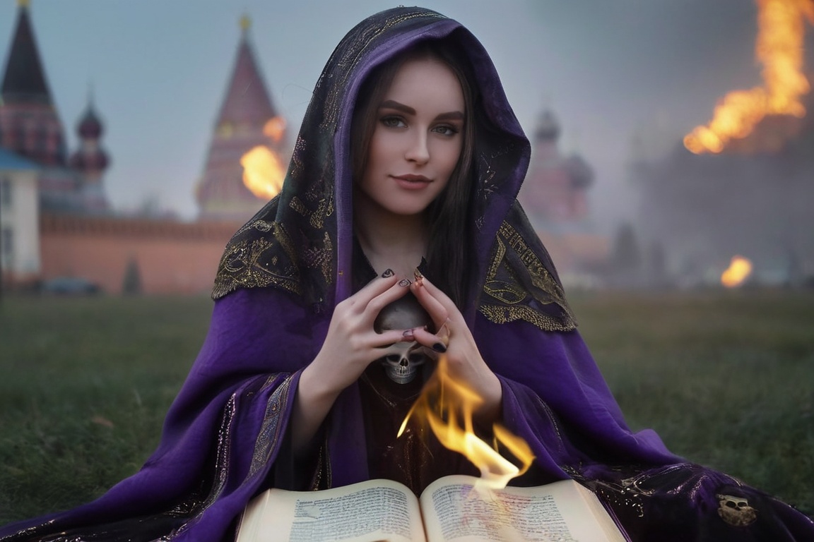 realistic breathtaking epic portrait of touching by her necromancy magic book with intricate decoration,  wearing black-vi...