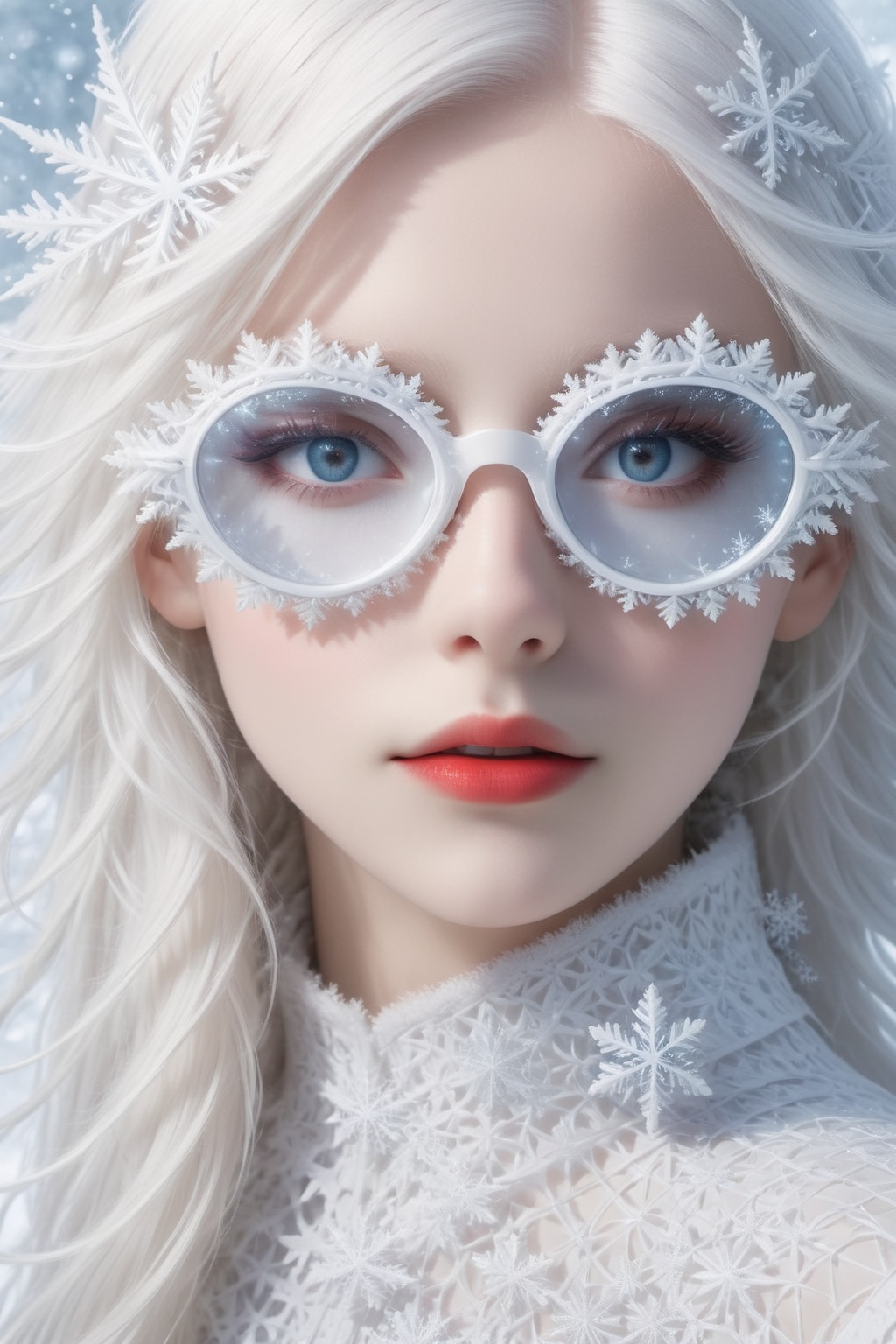 A girl with extremely fair complexion,  almost appearing ghostly,  possesses stunning flowing white hair that cascades dow...