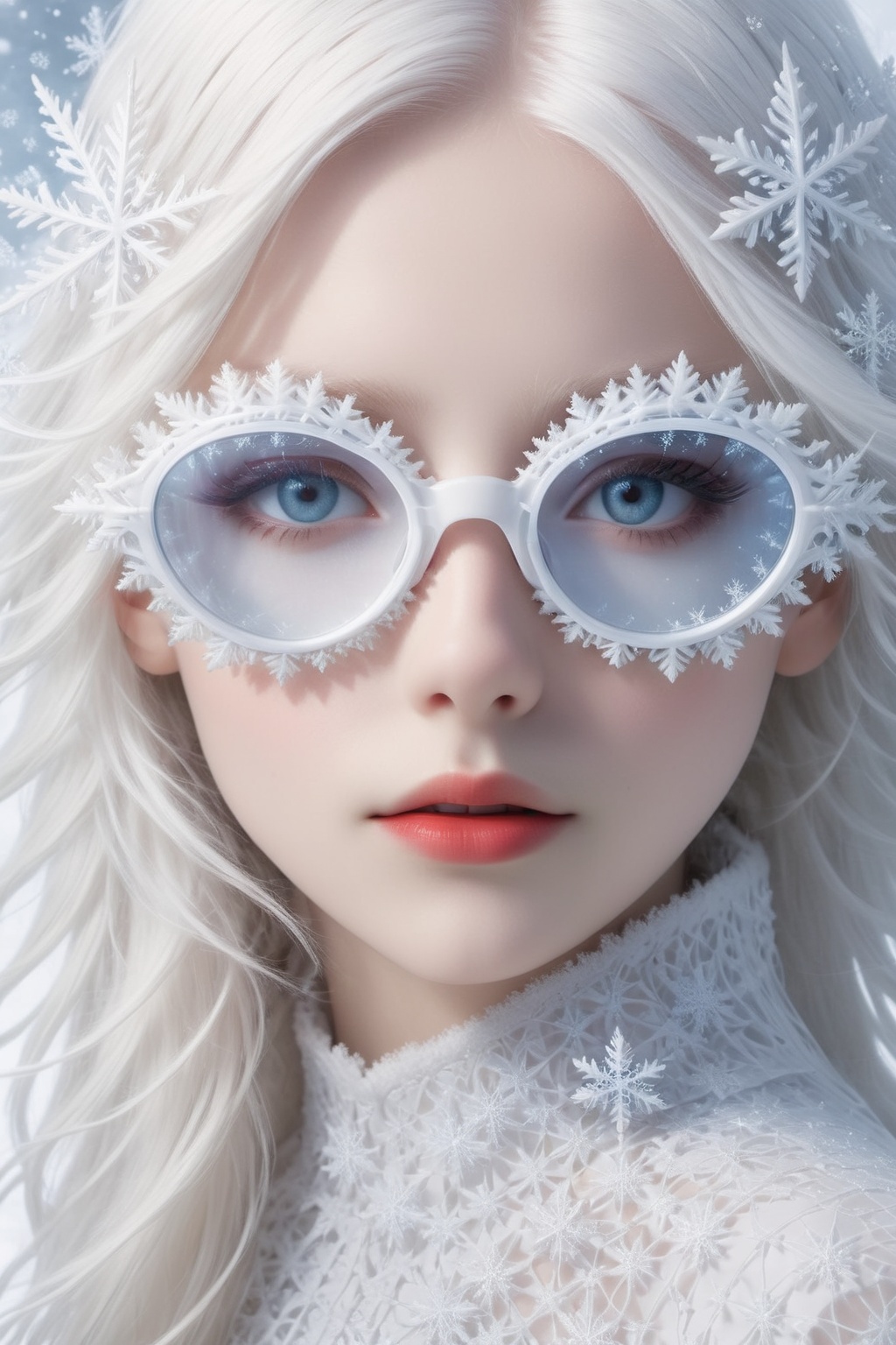 A girl with extremely fair complexion,  almost appearing ghostly,  possesses stunning flowing white hair that cascades dow...