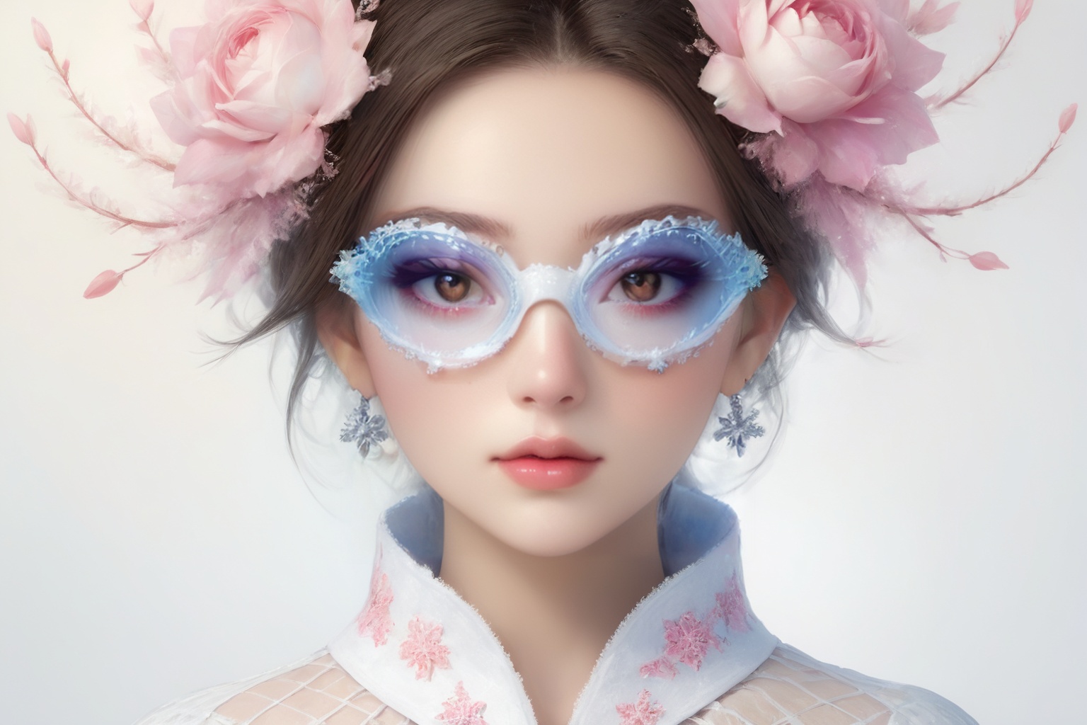 Create a modern-styled portrait of a gentle lady inspired by roses and love,  wearing snowflake glasses,  utilizing the vi...