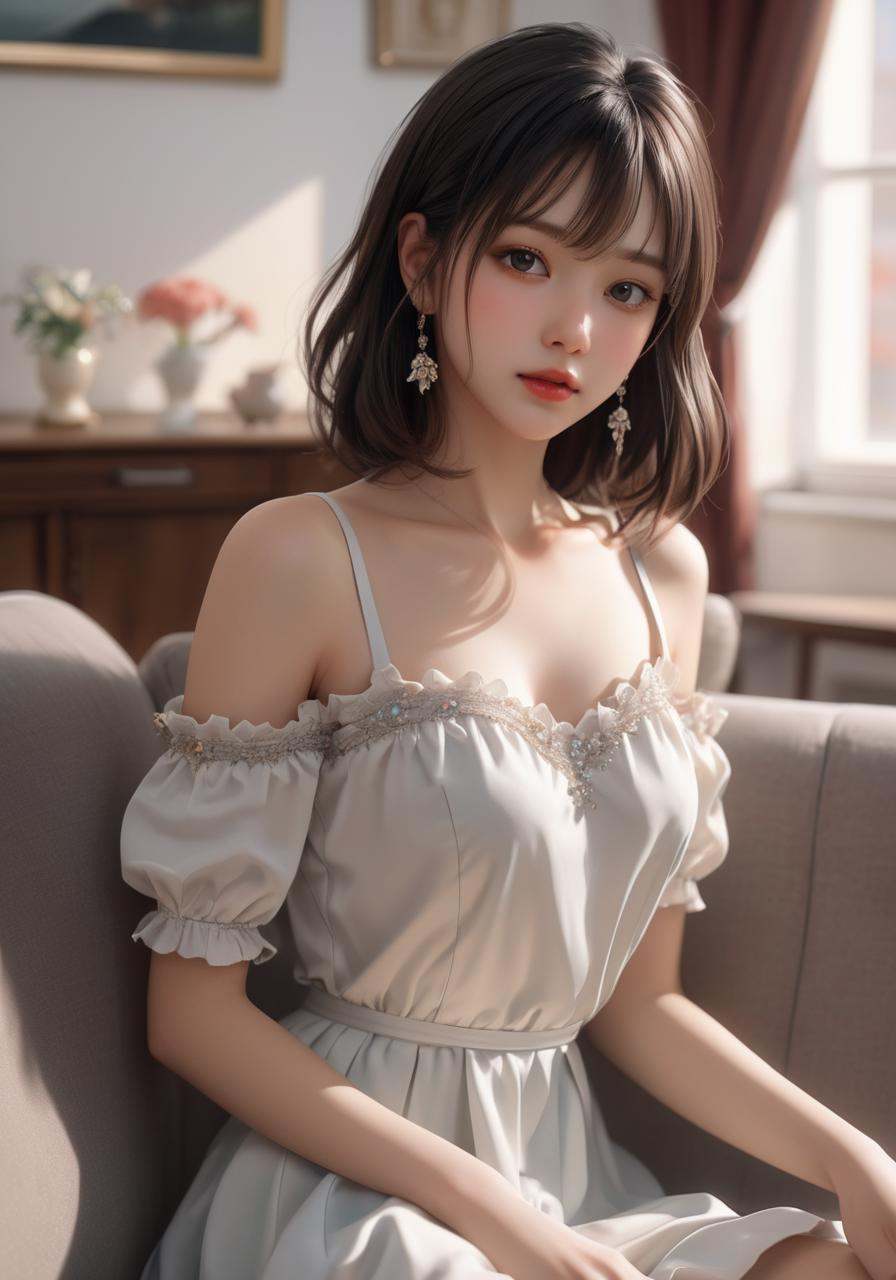 realistic,  a cute anime girl sits on a couch in a black dress,  in the style of 8k on Tensor.Art