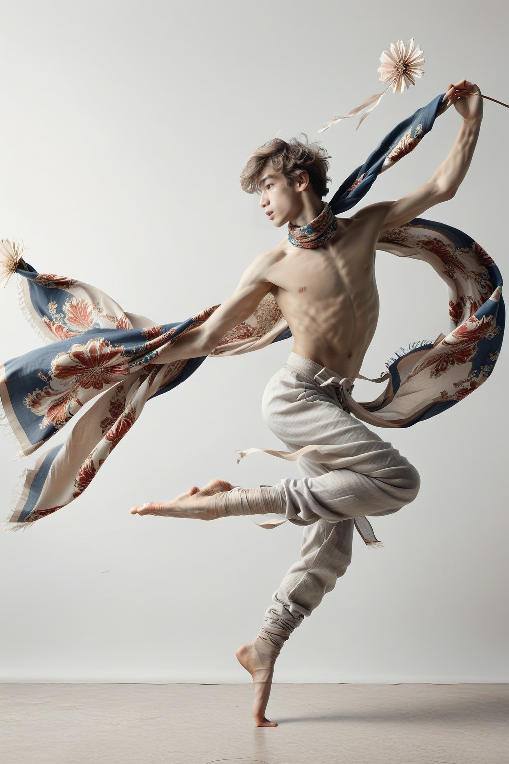 boy jumping. holding long scarf ,  in dance pose,  long legs on Tensor.Art