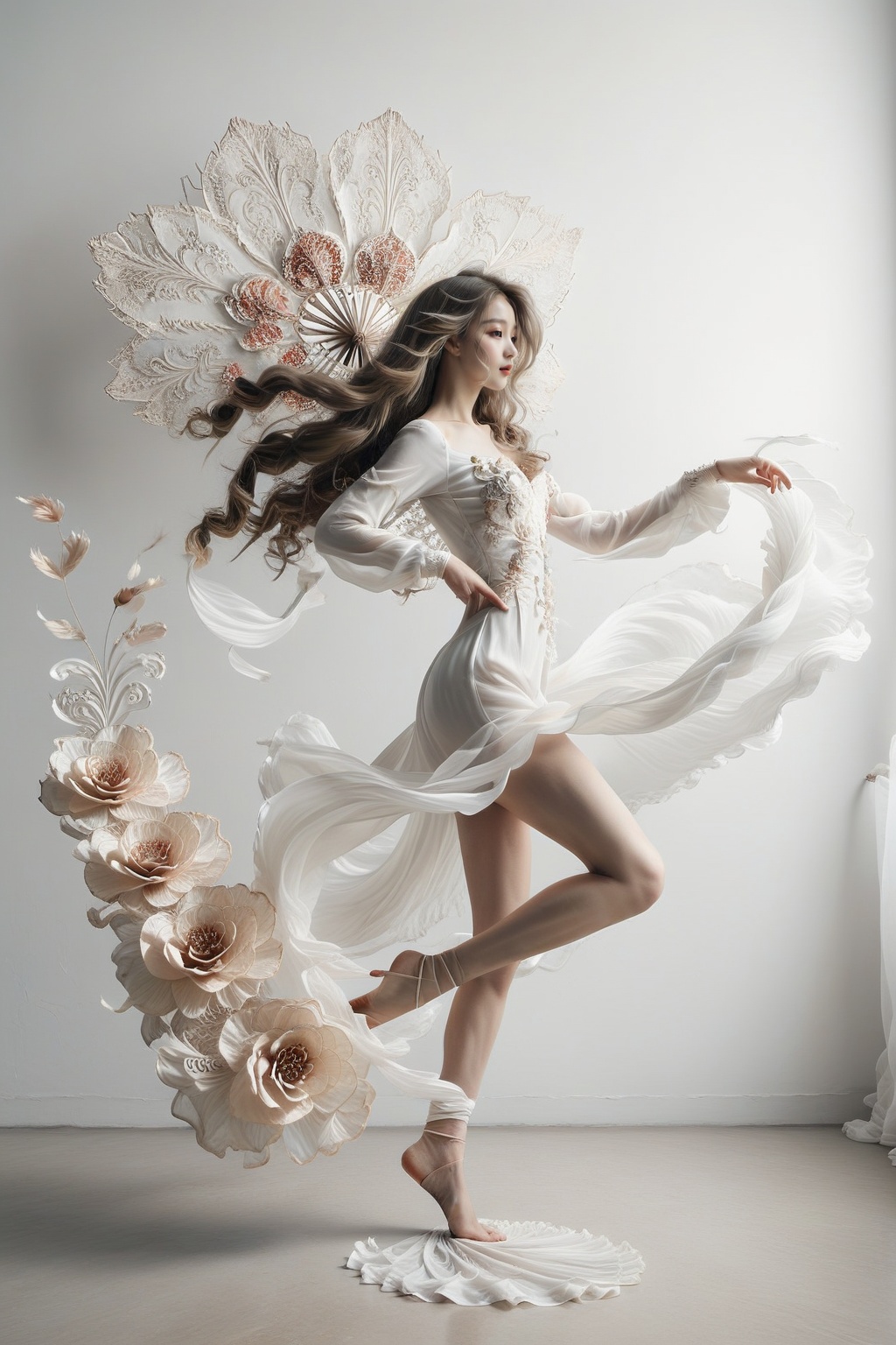 girl dancing,  with very long sleeves like waves,  long white wavy dress like tails on Tensor.Art
