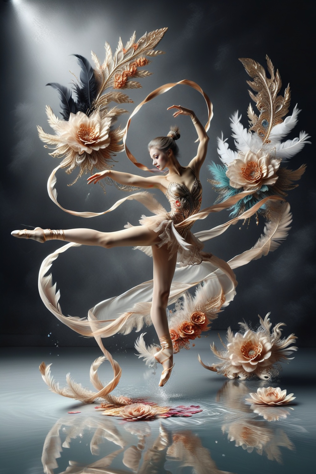 girl jump into the air ,  with very long scarf like waves,  long ballet dress like tails on Tensor.Art