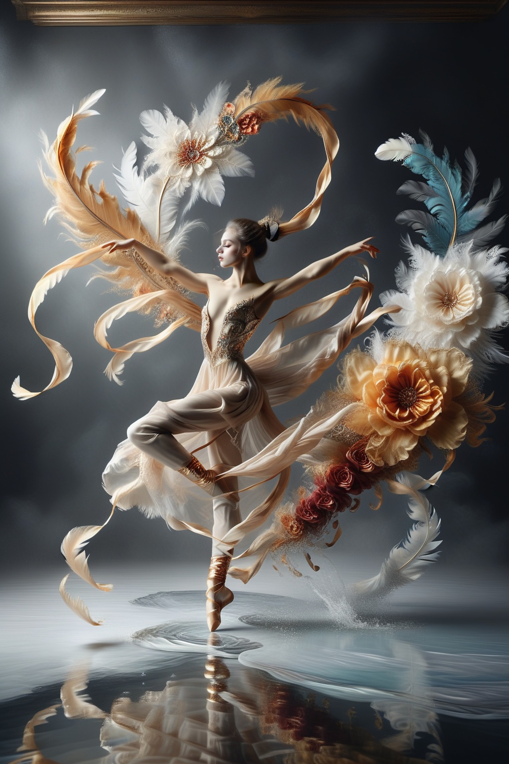 girl kick both legs into the air ,  with very long scarf like waves,  long ballet dress like tails on Tensor.Art