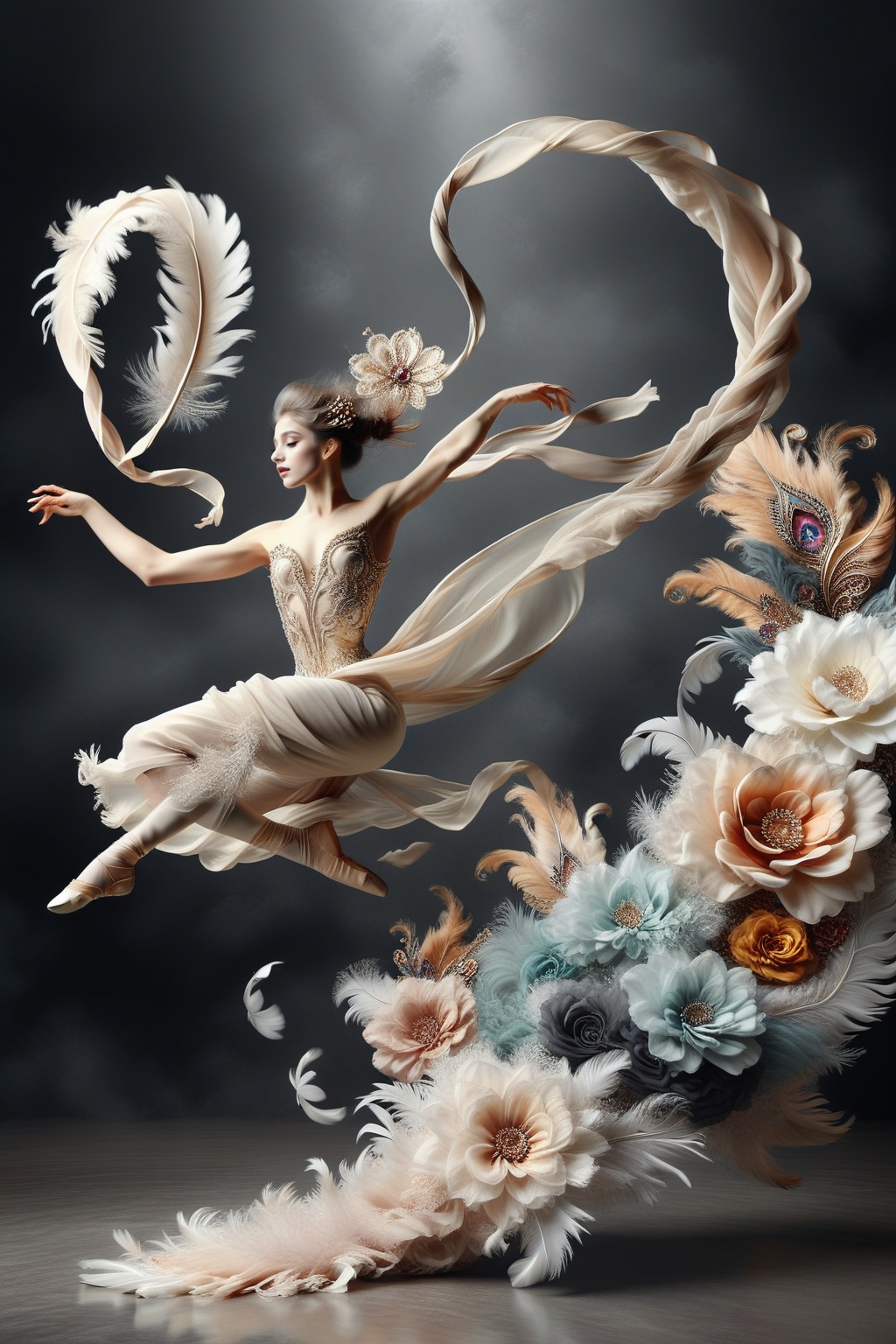 girl jump into the air ,  with very long scarf like waves,  long ballet dress like tails on Tensor.Art