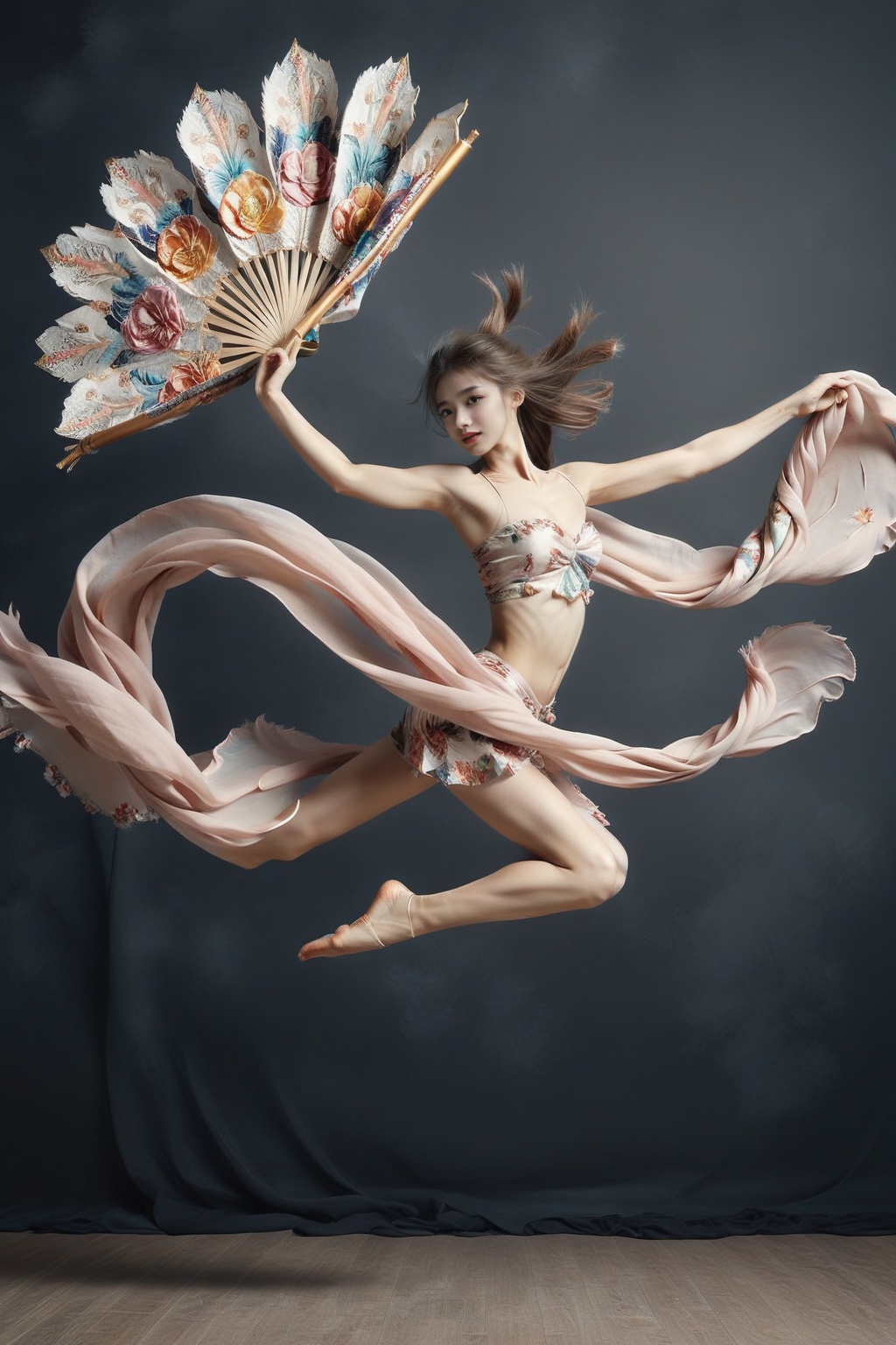 girl jumping. holding long scarf ,  in dance pose,  long legs on Tensor.Art