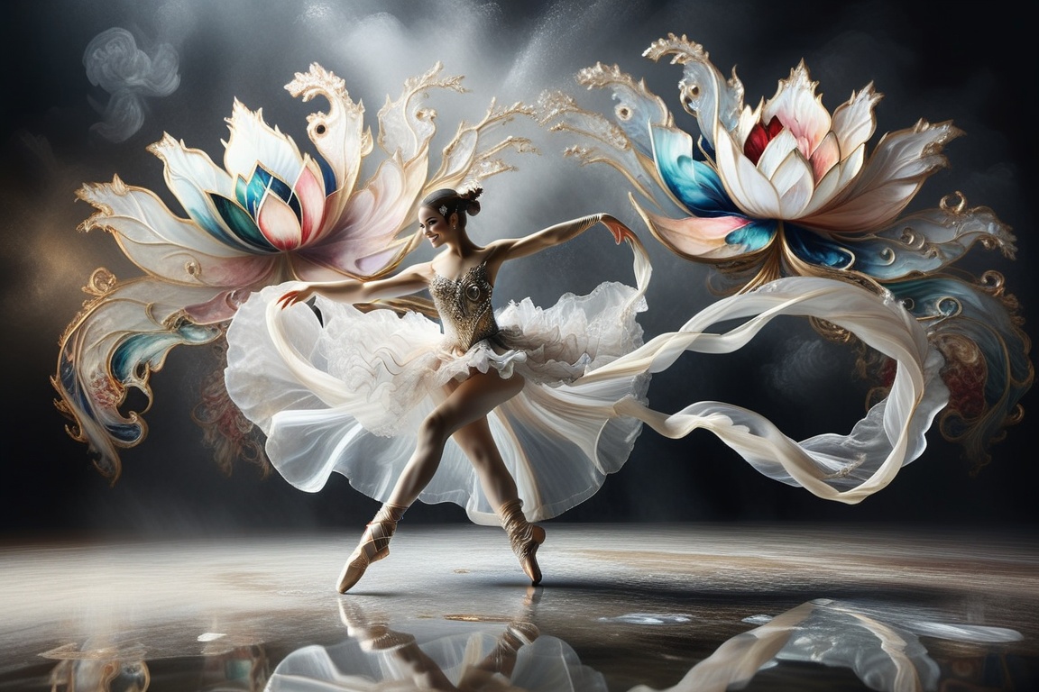girl dancer wearing a eye crystal mask dancing,  with very long scarf like waves,  long wavy tutu dress on Tensor.Art