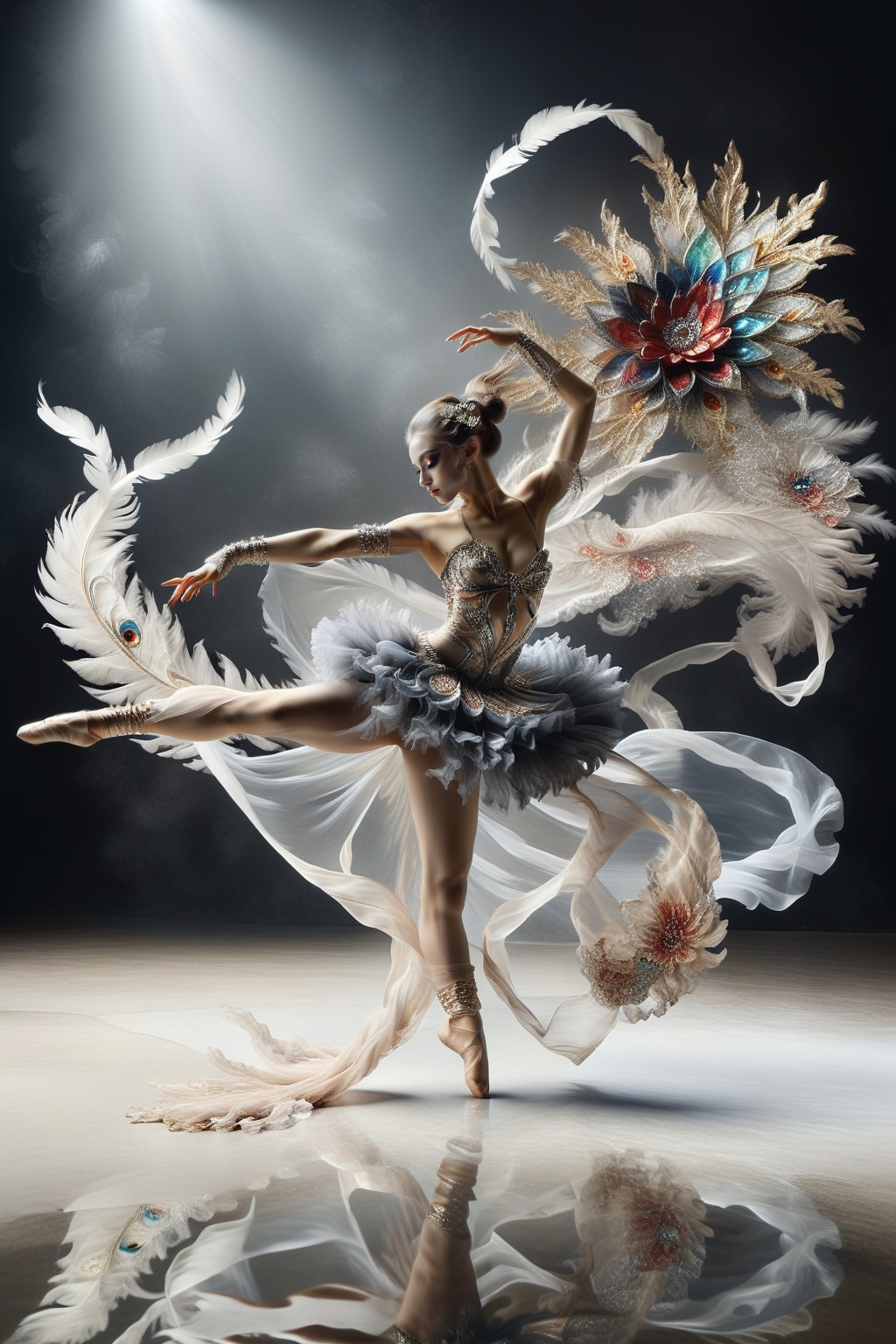 girl dancer wearing a eye crystal mask doing split ,  with very long scarf like waves,  long wavy feather tutu dress on Te...