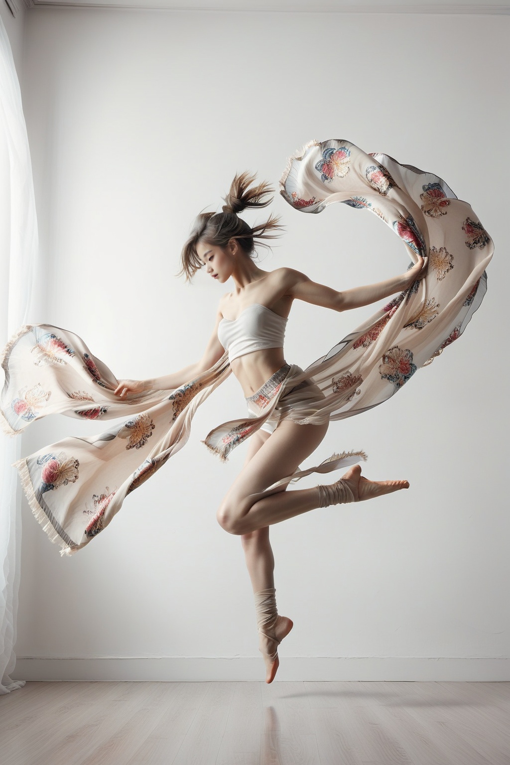girl jumping. holding long scarf ,  in dance pose,  long legs on Tensor.Art