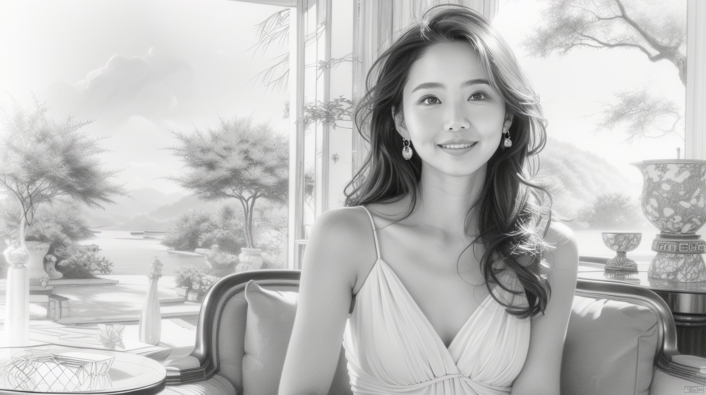 qianbihua, pencil drawing, monochrome, greyscale, jewelry, 1girl, earrings, long hair, sitting, realistic, smile, looking at viewer, solo focus, lips, tree, dress,pencil drawing