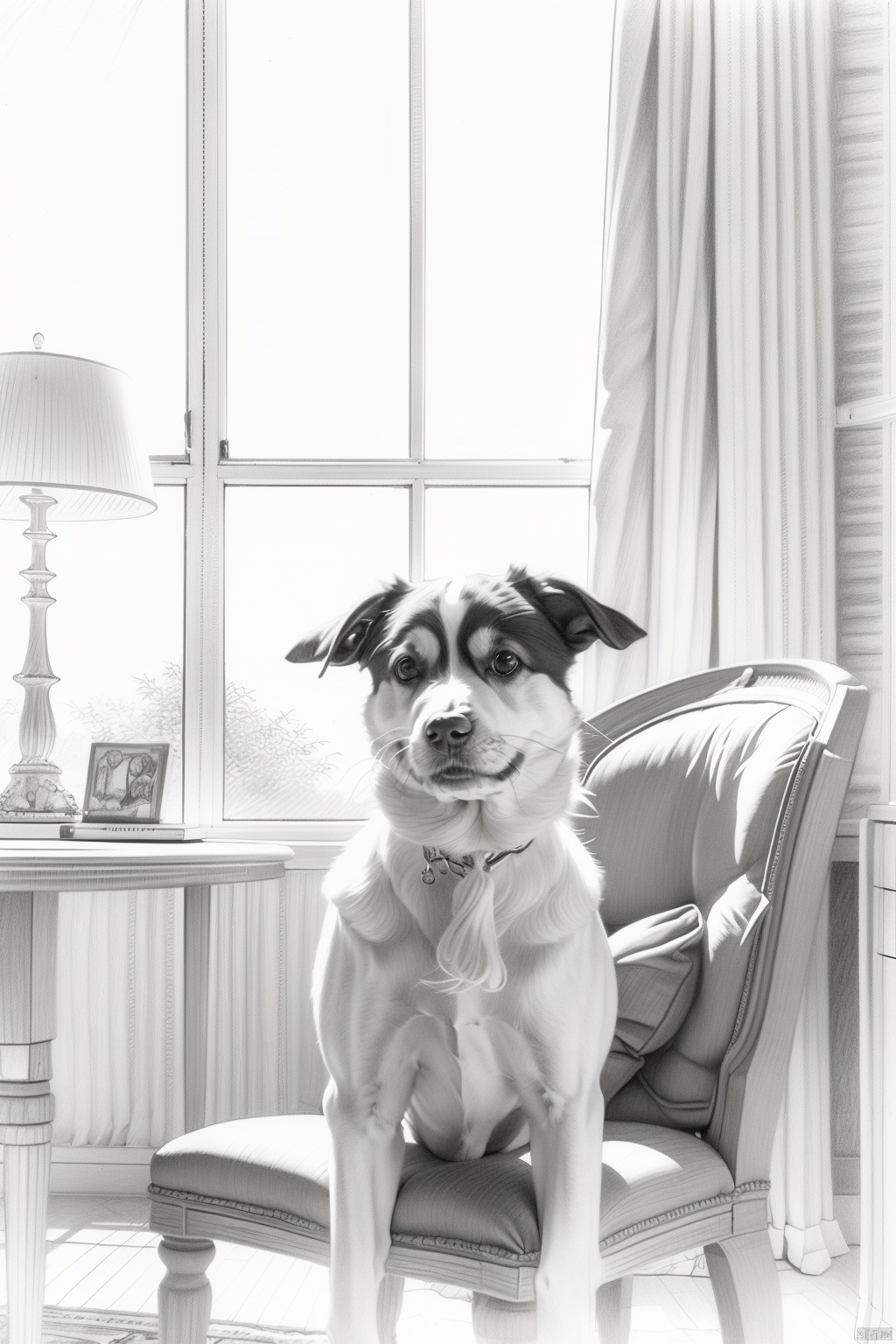 qianbihua, pencil drawing, No humans, a dog, room, chairs, windows, monochrome,pencil drawing