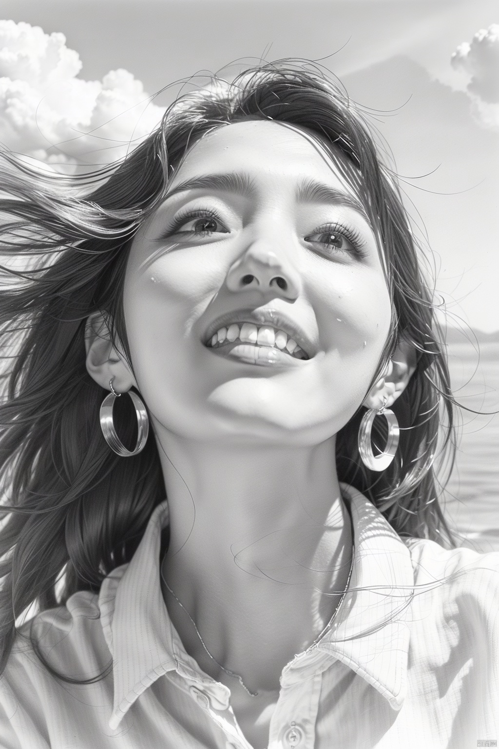 qianbihua, pencil drawing,monochrome, 1girl, solo, long hair, earrings, jewelry,   sky, shirt, eyelashes, cloud,smile, collared shirt