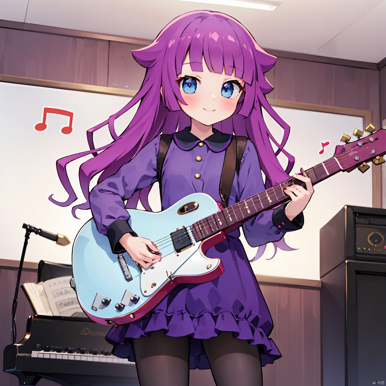 masterpiece,bestquality, Romin Kirishima, 1girl, solo, long hair, looking at viewer, blush, smile, bangs, blue eyes, shirt, long sleeves, dress, holding, purple hair, pantyhose, black pantyhose, instrument, musical note, music, purple shirt, guitar, playing instrument, holding instrument,