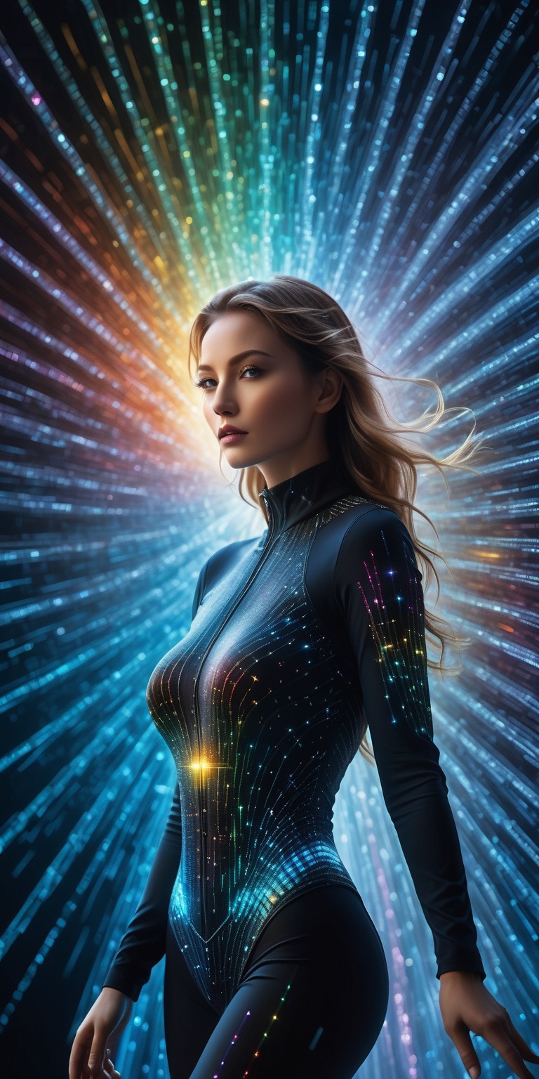 The fourth dimension expands by floating in space at the distance of the close half body of the beautiful women standing o...