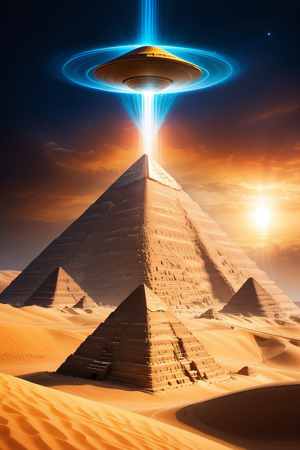 Experience the wonder of ancient Egypt with a modern twist - imagine UFOs soaring above the majestic pyramids,  their othe...
