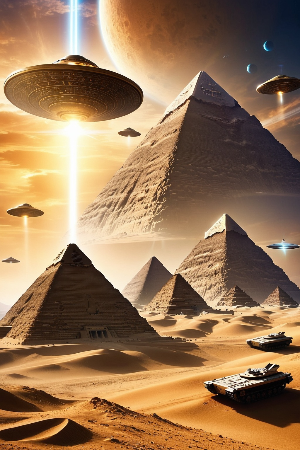 Step into a world where the past and the future collide - witness the enigmatic Egyptian pyramids surrounded by a fleet of...