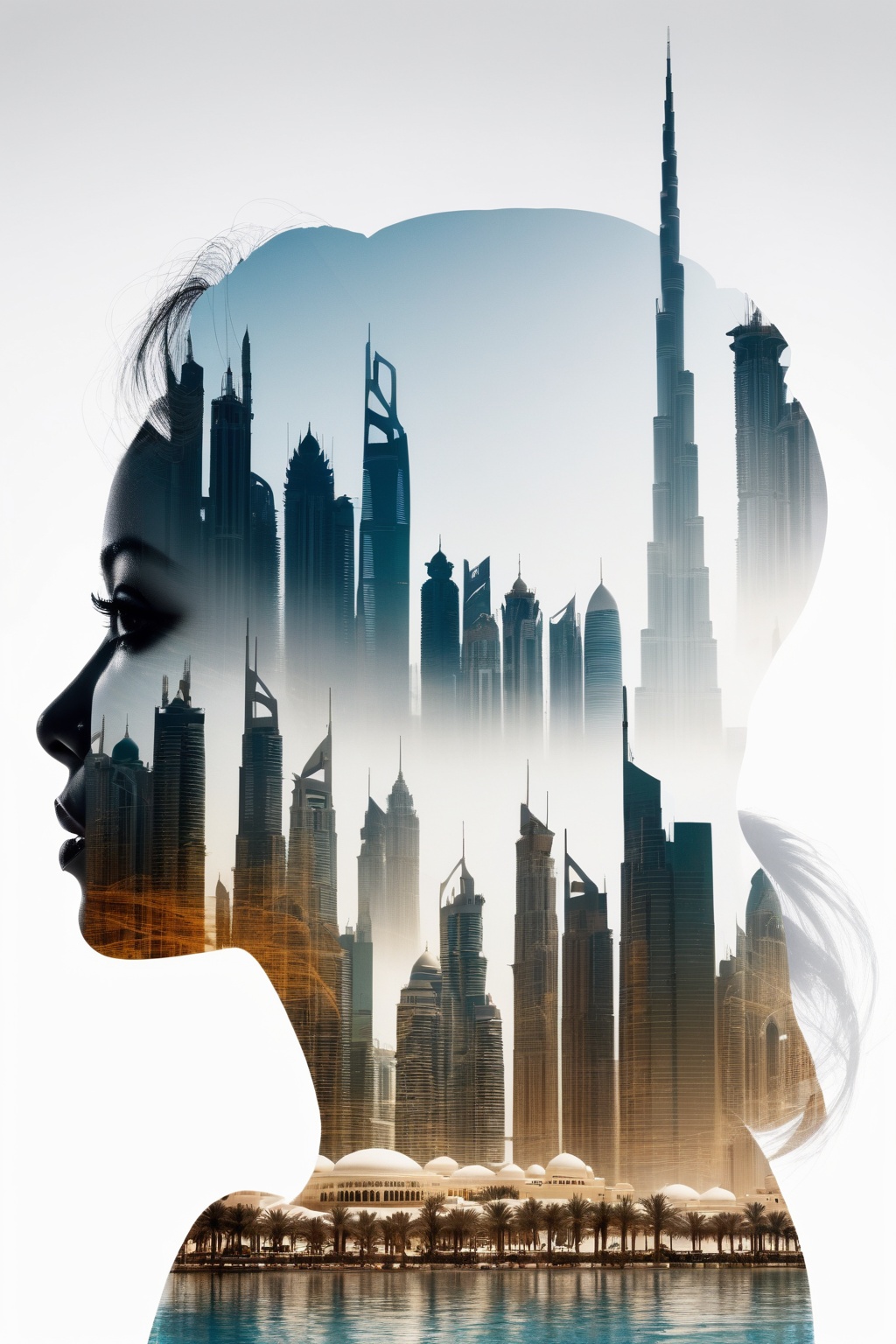 Silhouette of a woman filled with the scene of Dubai in 1980s ,  double exposure,  white background on Tensor.Art