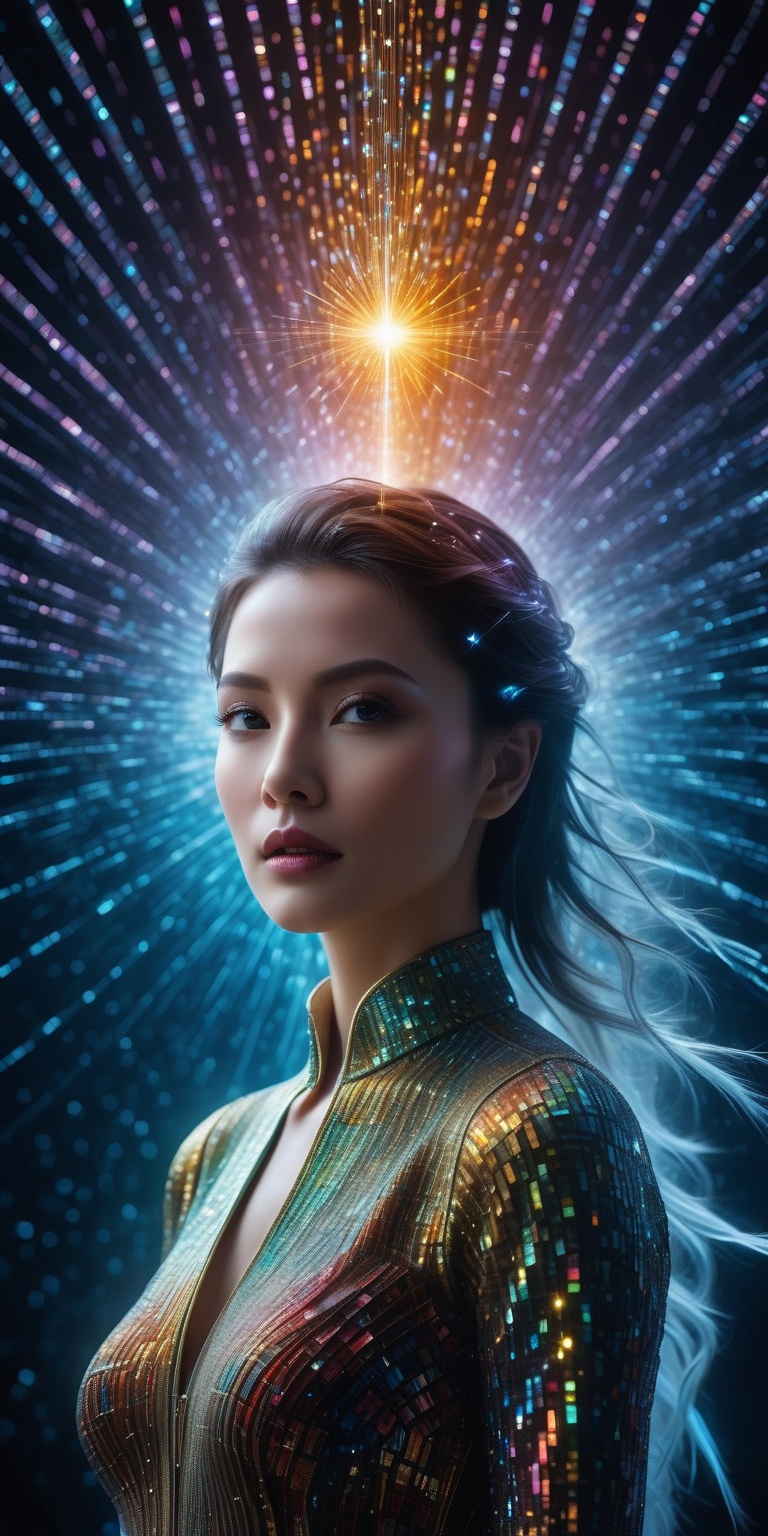 The fourth dimension expands by floating in space at the distance of the close half body of the beautiful women standing o...