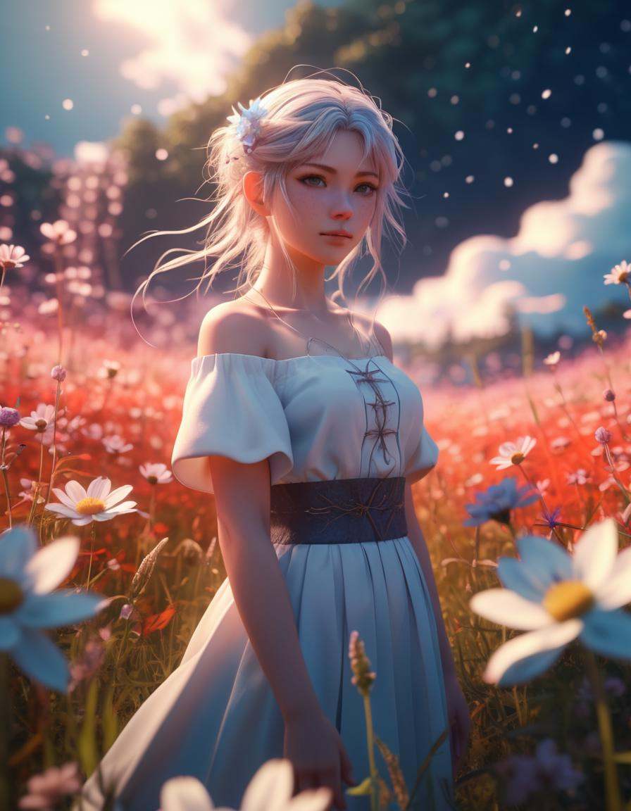 a close-up render of a peaceful anime woman on a magical fantastical meadow,  cinematic,  intricate on Tensor.Art