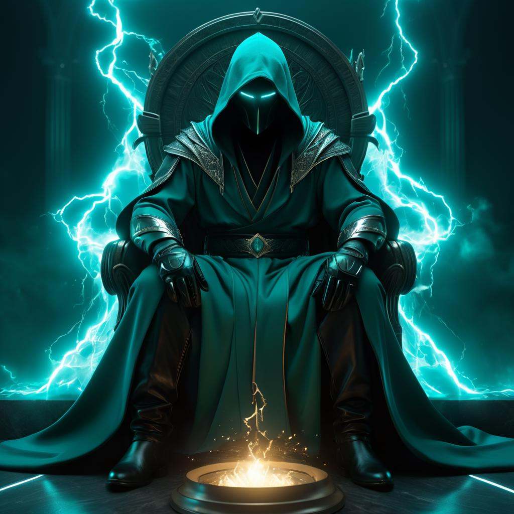 figure sitting on his throne,  flowing teal robes,  hooded on Tensor.Art