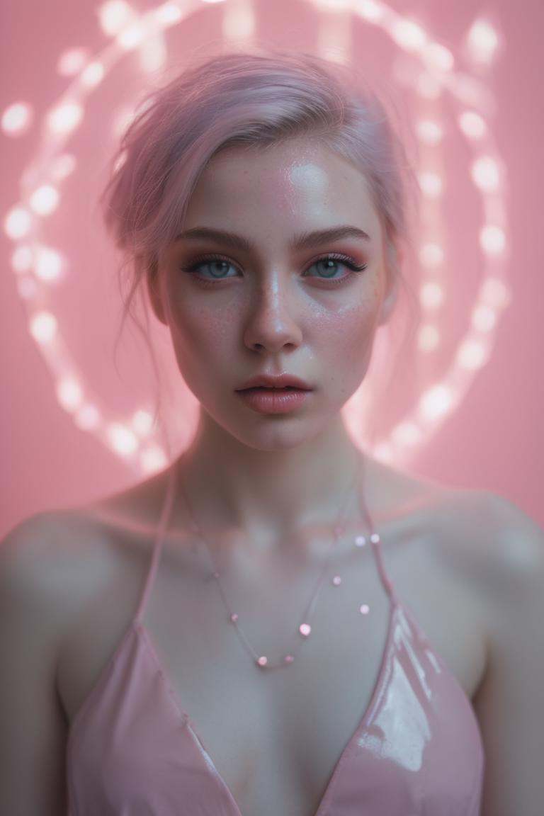 very dark artistic close-up portrait of an aesthetic girl,  nightly,  her face framed by a halo of softly glowing pastel l...