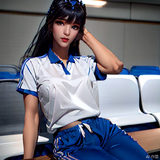 XiaoWulora,1girl, arm_support, bangs,black_hair, black_eyes, earrings,headdress, lips, long_hair, looking_at_viewer, mole, nose, blue_pants, realistic, white_shirt, short_sleeves, sitting, solo