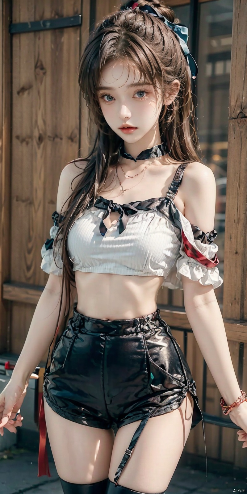  nai3, 1girl, shorts, solo, crop top, black shorts, choker, blue eyes, black hair, navel, shirt, midriff, crop top overhang, looking at viewer, white shirt, jewelry, breasts, cowboy shot, bare shoulders, short shorts, off-shoulder shirt, off shoulder, black choker, thighs, stomach, hand on own thigh, long hair, bracelet, short sleeves, ribbon, hand up, collarbone, hair ribbon, medium breasts, standing, high-waist shorts, dolphin shorts, bra strap, closed mouth, hair ornament, thigh gap, bangs, necklace, expressionless,, , jiangli, AImote