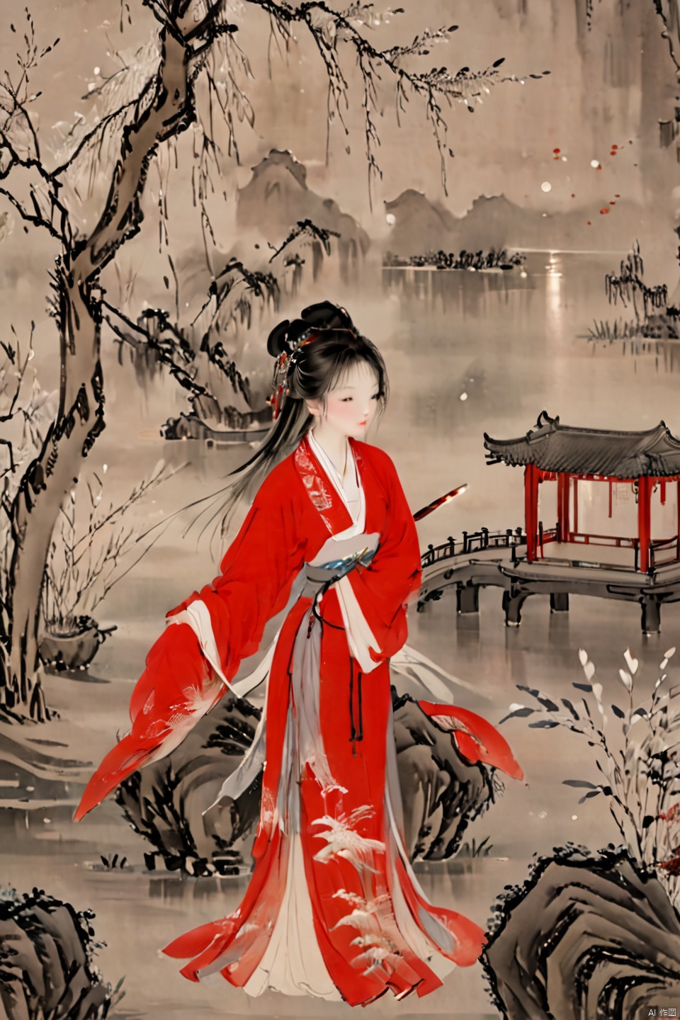  1 girl, black hair, Red Hanfu, (traditional Chinese ink painting style: 1.0) , elegant movements, looking at the audience, sketches, high details, (close-up) figures, meticulous paintings, grey tones of ancient paintings, exquisite embroidery patterns, moonlight on the lake, Willow blowing in the breeze, flying brush strokes, poetic atmosphere, elegant demeanor, classical Chinese gardens, simple pavilions, light clouds and Smoke,月上枝头